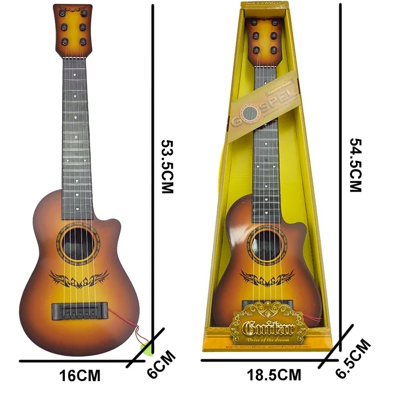 Abmessungen einer klassischen, im Country-Stil gehaltenen Kinder-Gitarre mit 6 Stahlsaiten