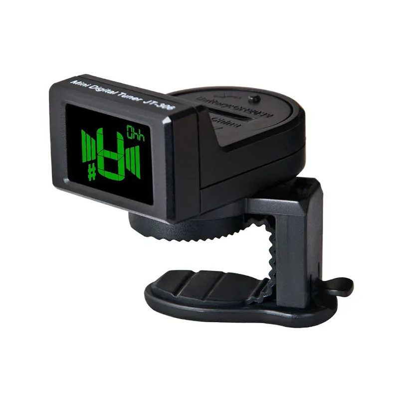 Seitenansicht eines digitalen Gitarrenstimmers mit LCD-Bildschirm und Clip-Halterung