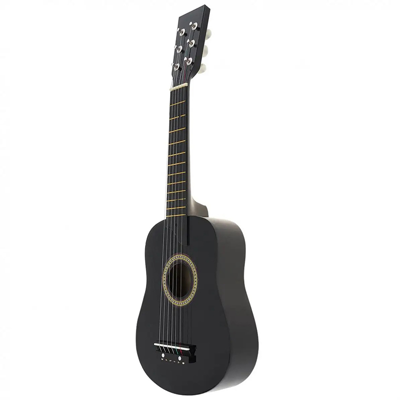 Seitenansicht einer klassischen Kinder-Gitarre aus Lindenholz in Schwarz
