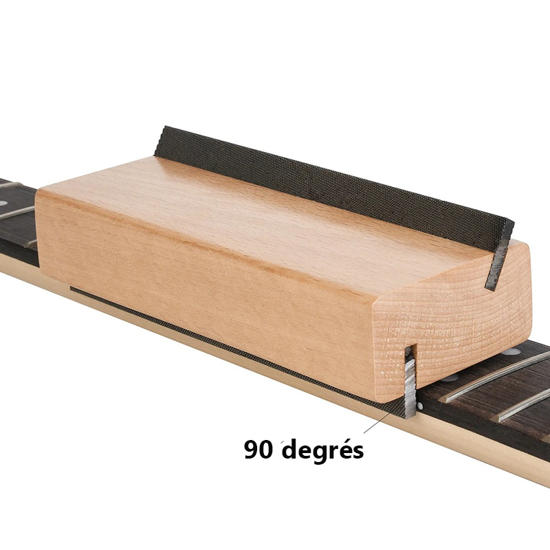 Detaillierte Ansicht des 2-in-1 Luthier Feilenwerkzeugs für Gitarren - Holzblock mit 35° und 90° Winkeln zum Polieren und Pflegen der Bünde