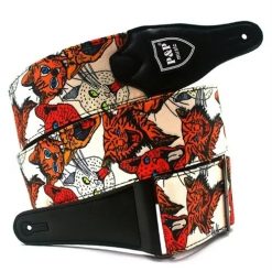 Klassischer Gitarrengurt aus Leder und bestickter Baumwolle - Motiv Wilde Katzen