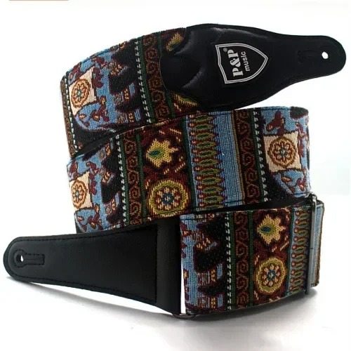 Klassischer Gitarrengurt aus Leder und Baumwolle mit besticktem orientalischem Kilim-Muster in Blau