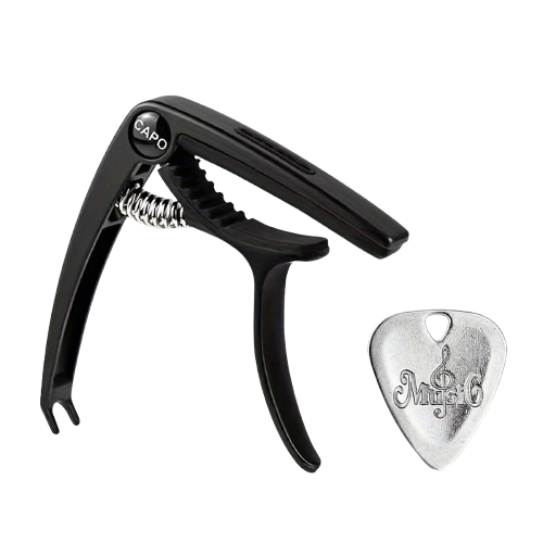Universeller Gitarrenkapodaster mit Auszieher und graviertem Plektrum - Präzisionsgriffmodell in Schwarz
