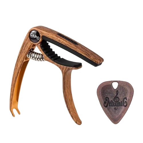 Universeller Gitarrenkapodaster mit Auszieher und graviertem Plektrum - Präzisionsgriffmodell in Holzfarbe