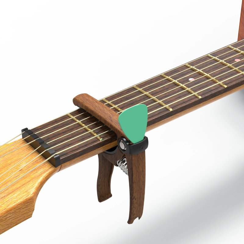 Universeller Gitarrenkapodaster mit Plektrumhalter, Modell GripPick Pro, Farbe Braun