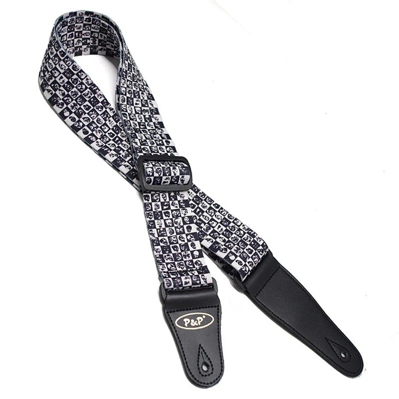 Gitarrengurt mit Totenkopf-Mosaik-Thema in Schwarz & Weiß