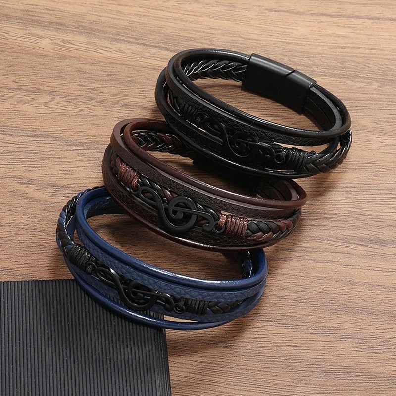 Übersichtliches Bild von einem schwarzen Rock-Musik Schlüssel-Armband in Harmonie mit 3 wählbaren Farben!