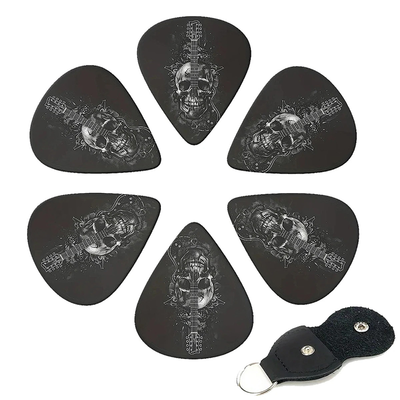 Avant Lot de 6 Plectres Guitare (Médiators) Motif Tête de Mort, avec Étui Porte-clés Porte-Plectre