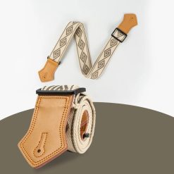 Sangle Guitare Vintage Tissée, Coton et Cuir, Réglable Motif Boho Marron Beige pour Guitare Acoustique Électrique