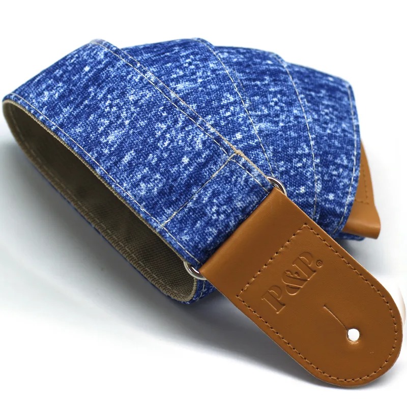 Sangle de Guitare Classique Collection Lin Naturel & Cuir Tan Couleur Bleu