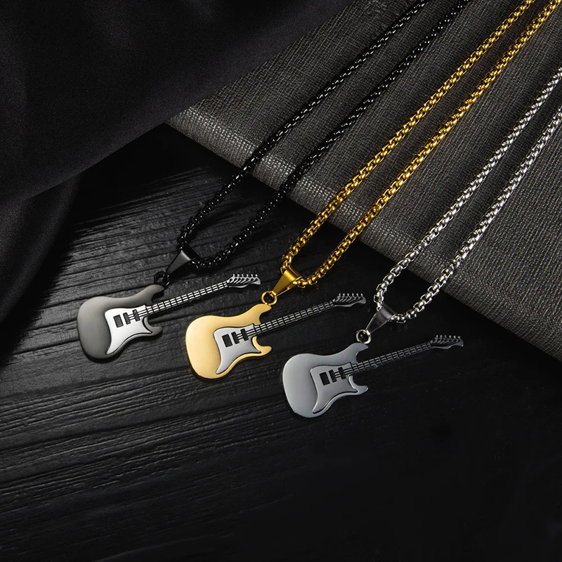 Collier pendentif volume plein guitare électrique : 3 couleurs de métal