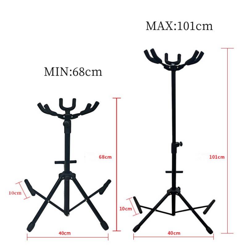 Dimensions porte guitare au sol trépied pilant et réglables pour 3 guitares ou 3 basses électriques modèle noir