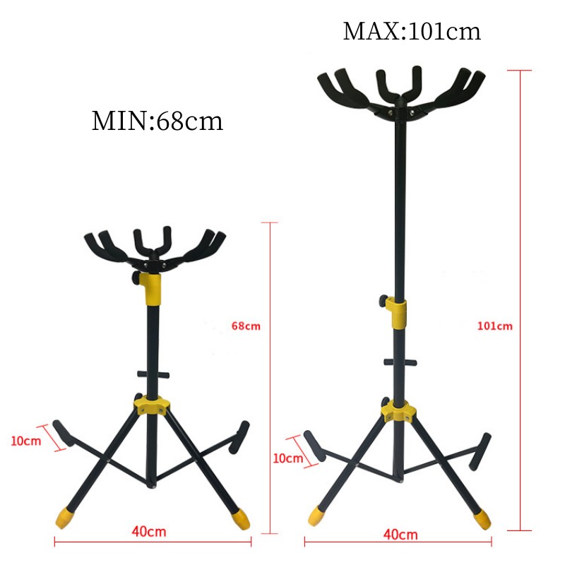 Dimensions porte guitare au sol trépied pilant et réglables pour 3 guitaresou 3 basses électriques modèle jaune