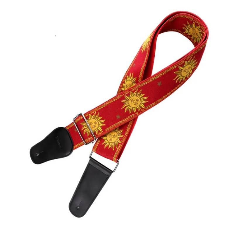 Magnifique Sangle de guitare électrique avec broderie Jacquard motif soleil - couleur rouge
