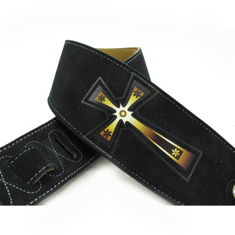 Sangle de guitare en cuir à deux couches de haute qualité - avec motif croix - Noir