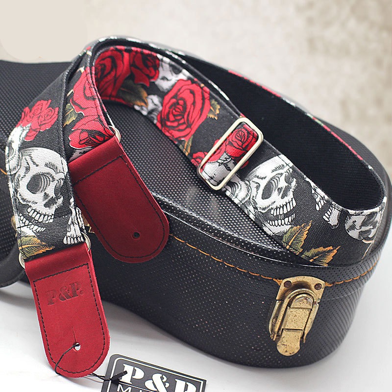 Sangle de guitare tête de mort et rose rouge