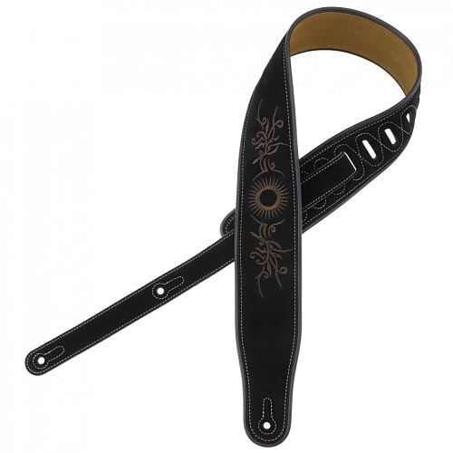 Sangle guitare en cuir noir brodée motif fleur