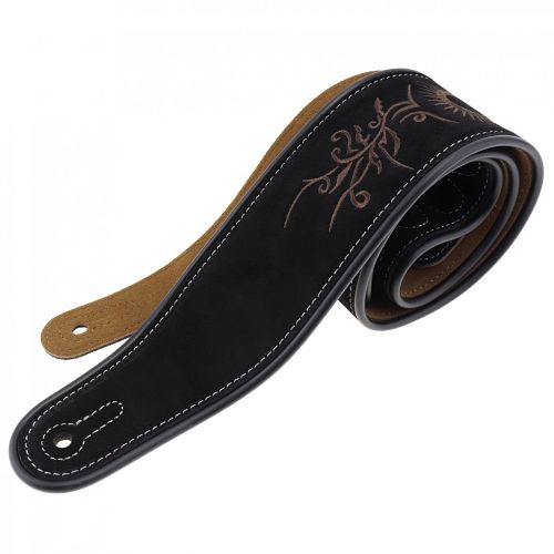 Sangle guitare en cuir noir brodée motif fleur
