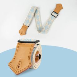 Magnifique Sangle Guitare Vintage Tissée, Coton et Cuir, Réglable Motif Boho Bleu Ciel pour Guitare Acoustique Électrique