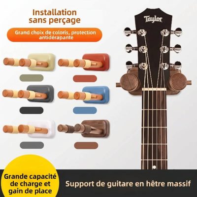 Détails Support Mural Guitare Design Bois Naturel - Base Colorée - 7 couleurs au choix