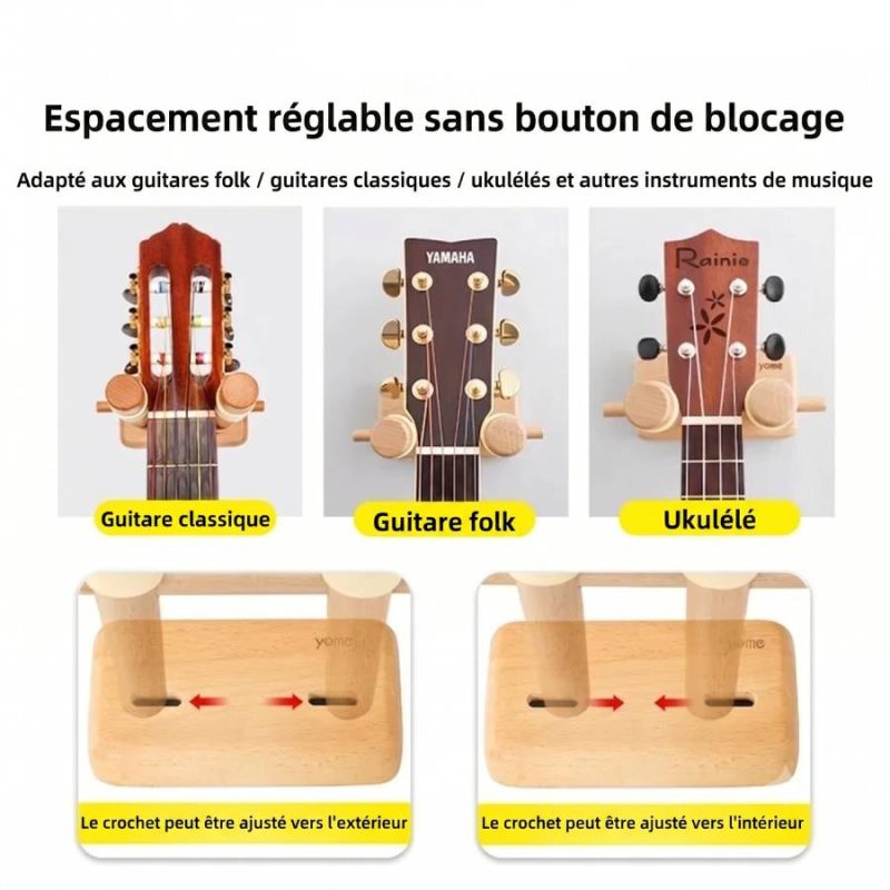 Détails complets du Support Mural Guitare Design Bois Naturel & Base Colorée - 7 couleurs au choix