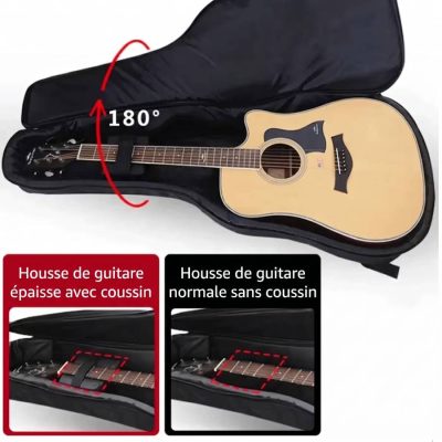 Détails de la Housse Guitare Acoustique Noire, Sac à Dos de Transport Multi-Tailles (34, 36, 39, 41 Pouces) pour Classique et Folk