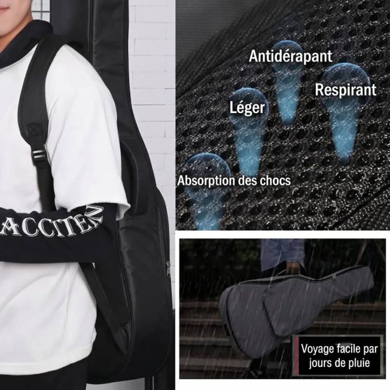 Détails de la Housse Guitare Acoustique Noire, Sac à Dos de Transport Multi-Tailles (34, 36, 39, 41 Pouces) pour Classique et Folk